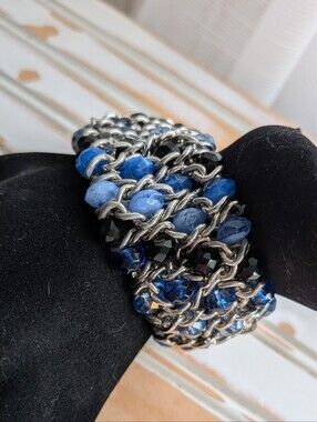 Vintage Chunky Heavy Silver Chain Woven Cuff Bracelet Blue Black Glass Bead
